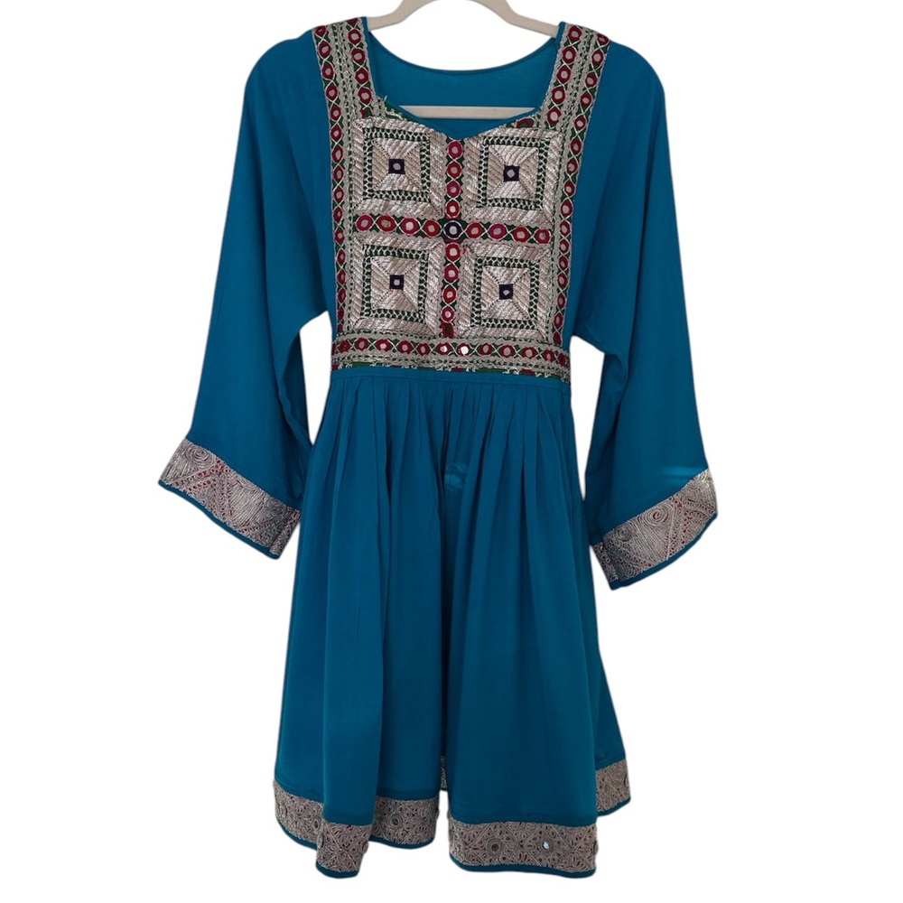 2 Piece Afghan Long Sleeve Blue Dress w/Pants